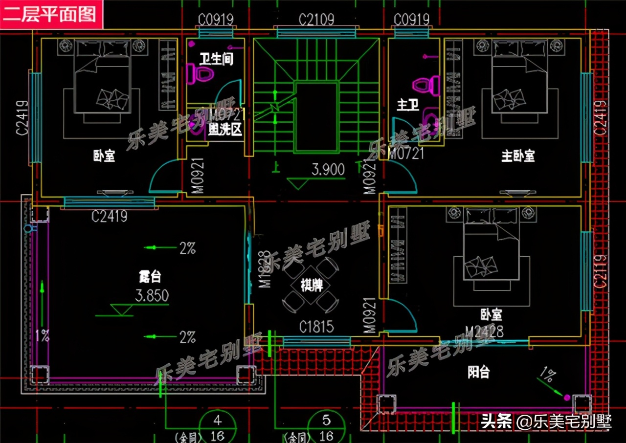 7套农村二层别墅房屋设计图，双露台+卧室套间，风水布局好